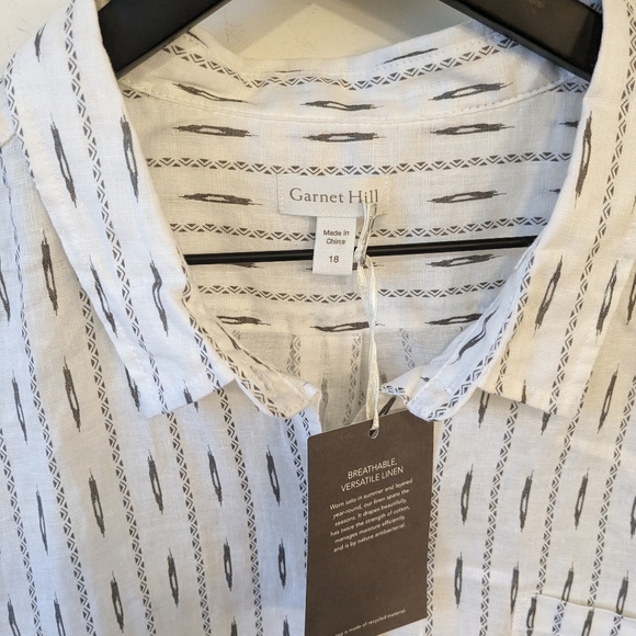 Garnet Hill 2021 White 100% Linen Pattern Printed Long Sleeve Button Up Shirt - Picture 4 of 8